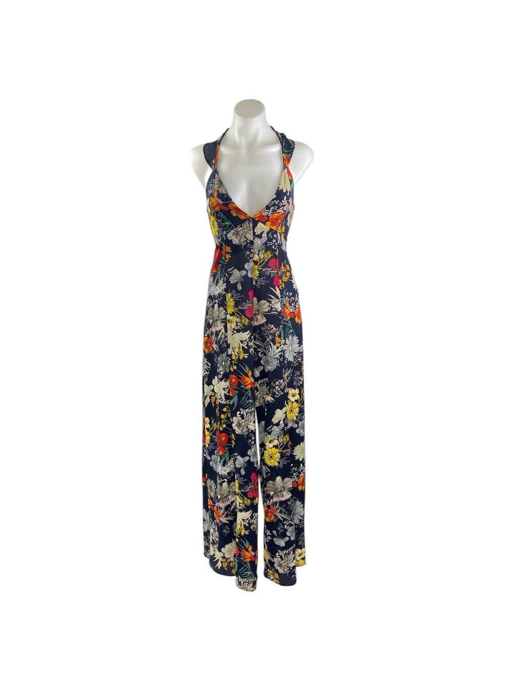 Endless Summer Multicolor Floral Sleeveless Plunge Neck Wide Leg Jumpsuit Sz M